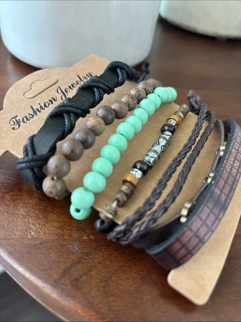 Buddha Wood & mint green beads,leather braids, 6 row, wrap, stackable,adjustable